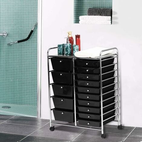 COSTWAY Carrello con 15 Cassetti Impilabili, Carrello di Stoccaggio con Ruote, Carello Portaoggetti per Casa e Ufficio, 62,5 x 37 x 87 cm (Nero)