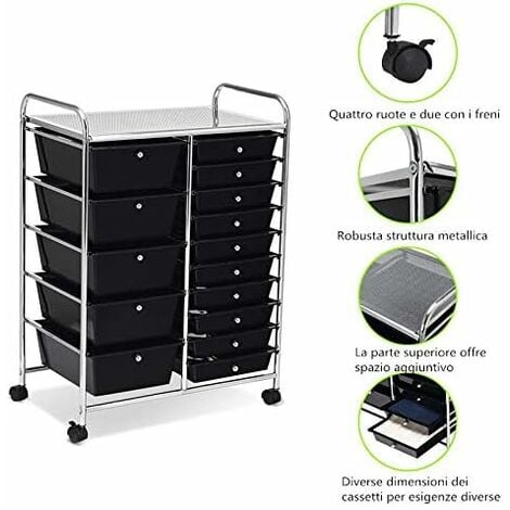 COSTWAY Carrello con 15 Cassetti Impilabili, Carrello di Stoccaggio con Ruote, Carello Portaoggetti per Casa e Ufficio, 62,5 x 37 x 87 cm (Nero)