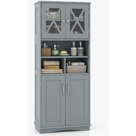 COSTWAY Mobile Bagno, Armadietto Salvaspazio con Porte in Acrilico, Ripiani Regolabili e Ampio Scomparto, Armadio da Terra in Legno per Soggiorno, Camera da Letto, Salotto e Cucina (Grigio)