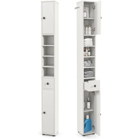 COSTWAY Mobile Bagno 180 cm, Armadio Colonna Salvaspazio con 1 Cassetto, 5 Ripiani Regolabili e Struttura Antiscivolo, Mobiletto per Soggiorno, Camera da Letto e Cucina, Bianco (1/5)