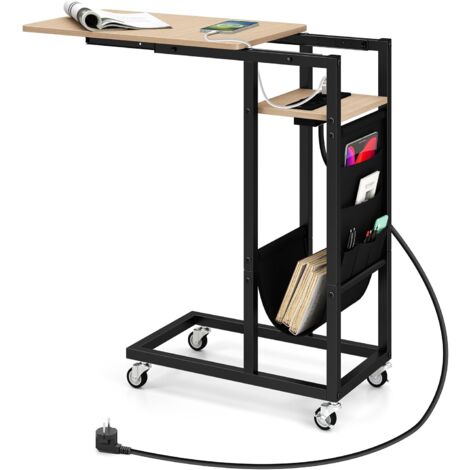 COSTWAY Tavolino da Salotto, Tavolino Laterale con Piano Retrattile e Prese di Corrente, Tasca per Riporre e Ruote Bloccabili, Tavolino per Soggiorno e Camera da Letto (Legno) (1/5)