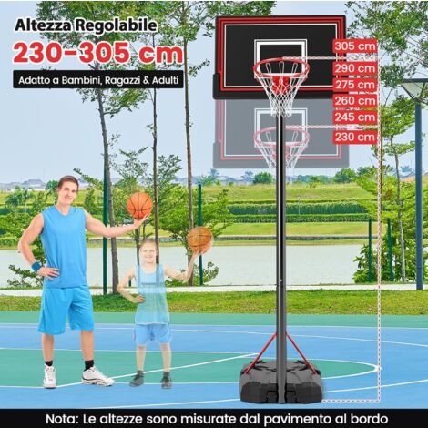 COSTWAY Canestro Da Basket Regolabile 225-305 Cm In Altezza Per Bambini Ed Adulti Canestro Con Piantana A Ruote E Manovella Canestro Con Base Riempibile Per Interno Ed Esterno Nero 86169068