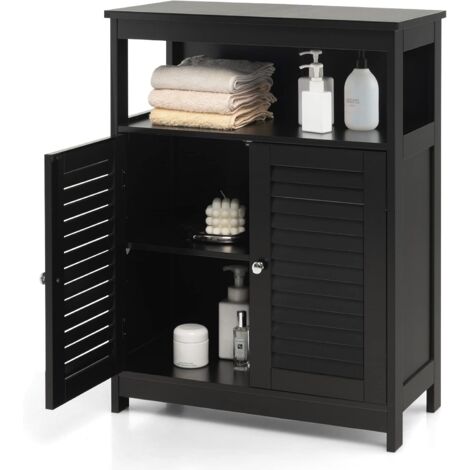 COSTWAY Armadietto da Bagno, Armadietto di Legno con Doppie Ante a Persiana e Mensola Regolabile, Mobile da Bagno Basso Salvaspazio per Ingresso e Camera da Letto, 60 x 30,5 x 80 cm (Nero) (1/5)