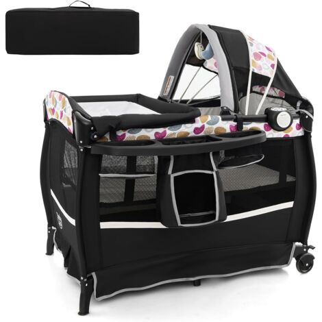 COSTWAY 4 in 1 Lettino da Campeggio con Fasciatoio, Lettino Pieghevole per Bambini con Materasso, Centro Neonati con Culla, Box Musicale, Cappottina Regolabile, Borsa da Viaggio (Cuore)