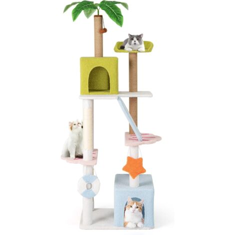 COSTWAY Tiragraffi per Gatto Alto 180 cm Stile Tropicale, Albero Tiragraffi Gatti con Pali con Corda in Juta, Piattaforme, 2 Grotte e Pompon, Torre Gatto Rivestito in Peluche, Blu e Verde