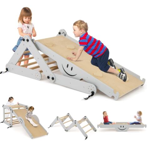 COSTWAY 5 in 1 Set da Arrampicata per Bambini, Giochi da Arrampicata Pieghevoli in Legno con Rampe Regolabili e Reversibili, Scala da Arrampicata per Bambini 3+ Anni (Grigio)