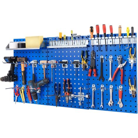 COSTWAY Kit 3 Pannelli Porta Attrezzi da Parete 60 x 40 cm, Pannello Forato Portaoggetti con 24 Ganci e Supporti, Pannello Portautensili per Officina e Garage (Blu)