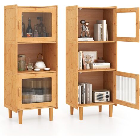 COSTWAY Armadietto da Cucina a 3 Ripiani con 2 Ante in Acrilico Trasparente, Credenza Espositore in Bambù Salvaspazio, Libreria Vetrina per Studio e Soggiorno, 49,5 x 40 x 130 cm, Naturale