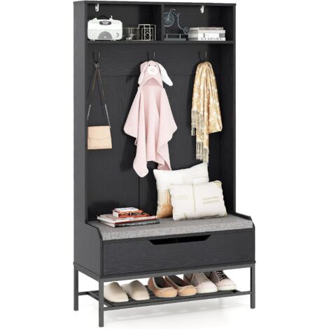 COSTWAY 4 in 1 Appendiabiti da Ingresso, Armadio con Appendiabiti Multifunzionale, con Panca Cuscino e Ganci, Panchina per Ingresso, 90 x 38,5 x 170 cm (Nero)