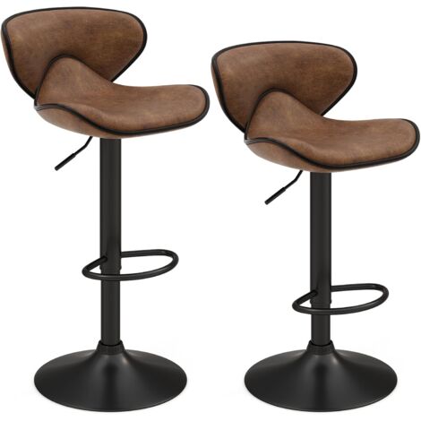 COSTWAY Set di 2 Sgabelli da Bar con Altezza Regolabile, Sgabello da Cucina Imbottito e Girevole a 360° con Schienale, Poggiapiedi e Base Metallica, Sgabelli in Pelle Stampato da Casa (Marrone)
