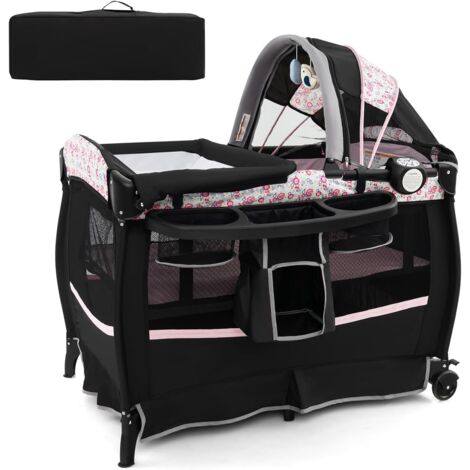 COSTWAY 4 in 1 Lettino da Campeggio con Fasciatoio, Lettino Pieghevole per Bambini con Materasso, Centro Neonati con Culla, Box Musicale, Cappottina Regolabile, Borsa da Viaggio (Fiore Grande)