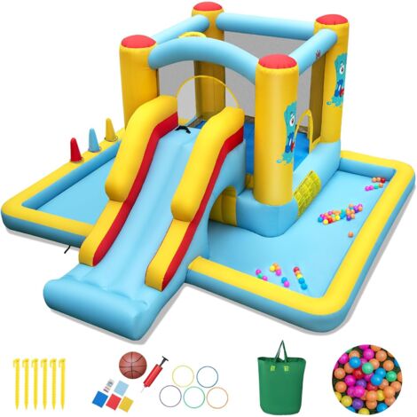 COSTWAY Castello Gonfiabile 7 in 1 per Bambini con Scivolo, Castello Gonfiabile con Mongolfiera, 50 Palline, Anelli e Basket, Gioco Gonfiabile da Interno ed Esterno, per Bambini da 3 a 10 Anni
