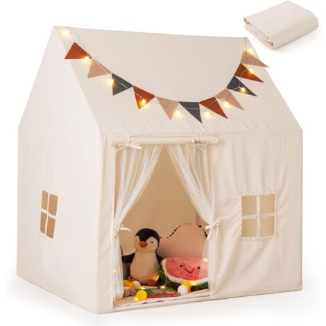 COSTWAY Tenda per Bambini con Luci Fatate e Bandierine, Tenda Casetta da Gioco con Porta e 2 Finestre, Tenda Gioco con Tappetino Imbottito, per Interno ed Esterno, 123 x 107 x 137 cm, Beige