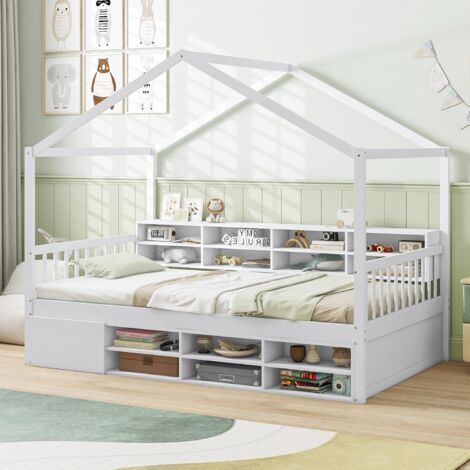 COSTWAY Letto a Castello con Tetto, Letto Singolo per bambini con Struttura in Legno 14 Cubi di Stoccaggio e un Armadio, Struttura Letto 100x190 cm, Carico 200 kg
