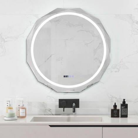 COSTWAY Specchio da Parete 76 x 76cm, Specchio Rotondo con Merletto con Temperatura di 3 Colori Continuamente Regolabili, Resistente agli Urti, Memoria, Lettura di Tempo e Temperatura