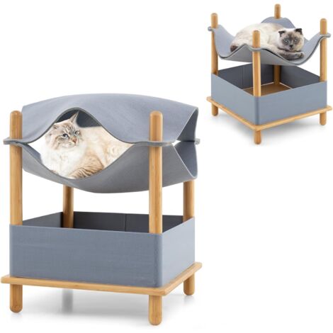 COSTWAY Cuccia per Gatti da Interno a 2 Piani in Bambù, Cassetta Amaca per Gatti con Tessuto Rimovibile e Ripiano Portaoggetti, Nido Semi-chiuso per Gatti e Animali Piccoli, Grigio e Naturale (1/5)