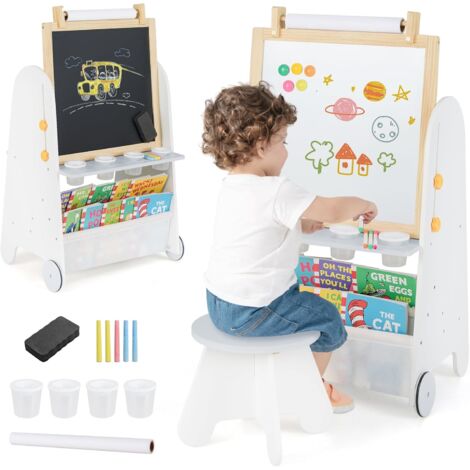 COSTWAY Cavalletto Lavagna per Bambini con Sgabello e Tavolo 4 in 1, Lavagna Magnetica Regolabile in Altezza con Rotolo di Carta e 4 Tazze di Vernice, Cavalletto a Ruote con Gessi e Cancellino
