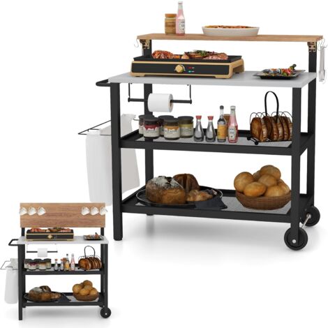 COSTWAY Carrello per Barbecue con 3 Ripiani e Tavola Ribaltabile, Carrello da Cucina con Ruote e 6 Ganci, Carrello Porta Griglia Multiuso in Ferro Zincato, per Interno ed Esterno, 116 x 55 x 130 cm