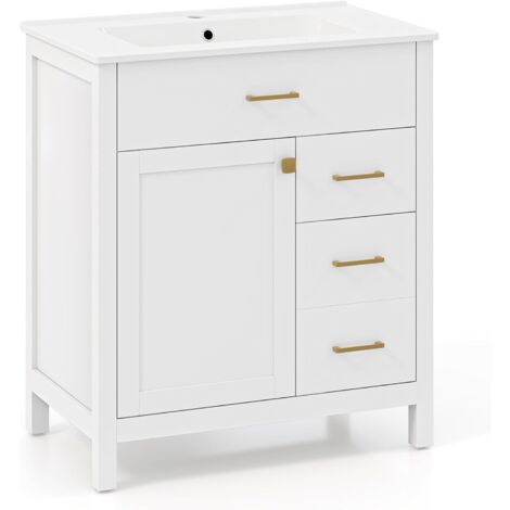 COSTWAY Mobile Sottolavabo per Bagno, Mobiletto da Bagno con 2 Cassetti e 2 Ante, Mobile da Bagno a Terra con Lavandino in Ceramica, 76 x 46,5 x 86 cm, Bianco