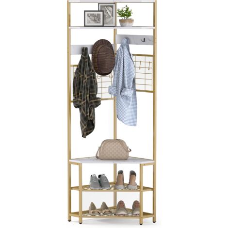 COSTWAY Stendibiancheria a 5 Ripiani con Panchina, Portabiti ad Angolo con 12 Ganci in Metallo, Organizzatore per Scarpe da Ingresso, Appendiabiti da Terra 52 x 52 x 183 cm (Bianco+Oro) (1/5)