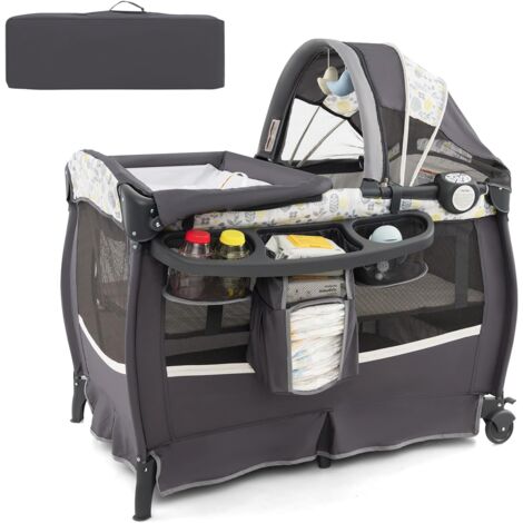COSTWAY 4 in 1 Lettino da Campeggio con Fasciatoio, Lettino Pieghevole per Bambini con Materasso, Centro Neonati con Culla, Box Musicale, Cappottina Regolabile, Borsa da Viaggio (Foglie)