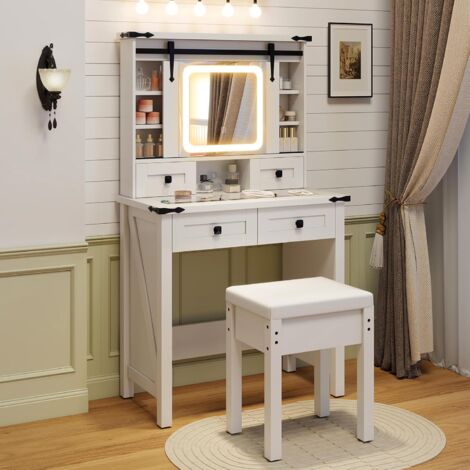 Tavolo Da Trucco Con Luci LED A 3 Colori Gambe In Legno Di Pino E Altezza Regolabile Set Da Toeletta Con Specchio Illuminato Bianco