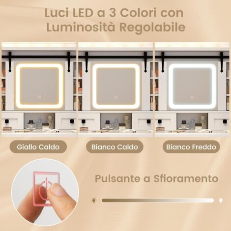 Toeletta Con Specchio LED, 3 Colori Luce, 4 Cassetti E 3 Ripiani Nascosti, Bianco - Multifunzione (trucco E Comodino)