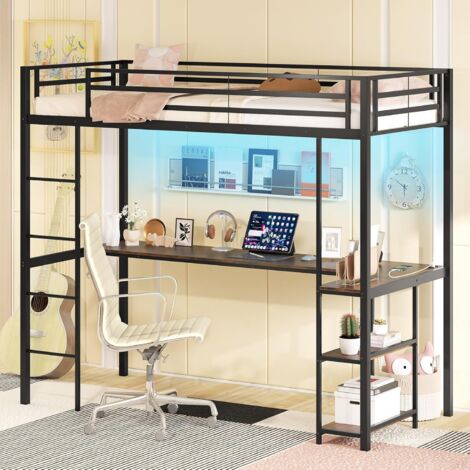 COSTWAY Letto a Soppalco 90 x 200 cm con Scrivania Sotto, Letto a Castello con Luce LED e Stazione di Ricarica, Letto Rialzato Struttura in Ferro con 2 Ripiani per Ragazzi e Ragazze (Nero)