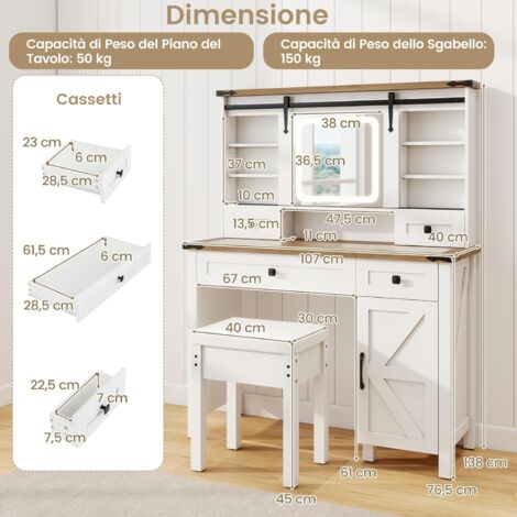 YITAHOME Tavolo da toeletta con specchio, tavolo da trucco con 4 cassetti, illuminazione, presa elettrica, nero