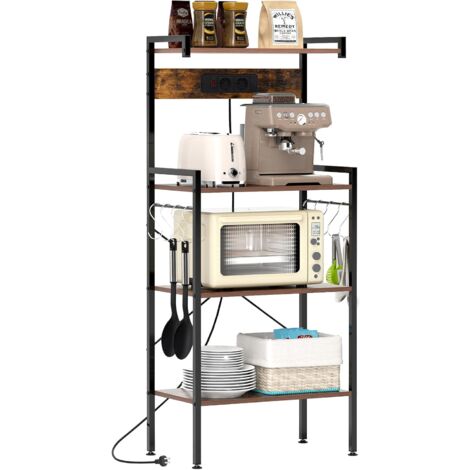 COSTWAY Scaffale da Cucina con Multipresa, Scaffale per Microonde su 4 Ripiani, Mensola da Cucina Struttura in Metallo con 8 Ganci, per Sala Pranzo e Pannettiera, 59 x 34 x 136 cm, Marrone Vintage