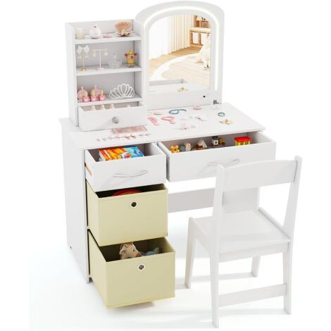 Toeletta Trucco Per Bambine Con Luci LED - Specchiera Con Sgabello In Legno (Rosa) - Foto 7