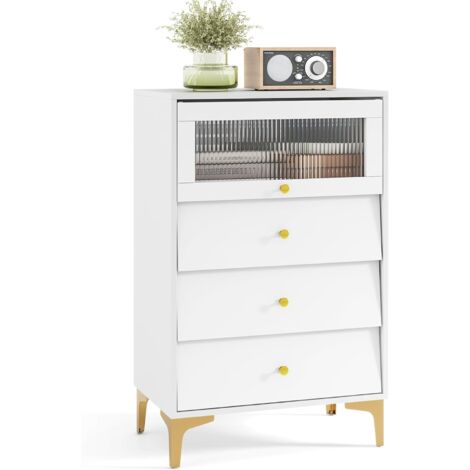 Costway – Cassettiera camera da letto 3 cassetti – Porta in vetro rigato a ribalta – Design anti-ribaltamento – Dimensioni 60 x 40 x 95,5 cm – Bianco (1/5)