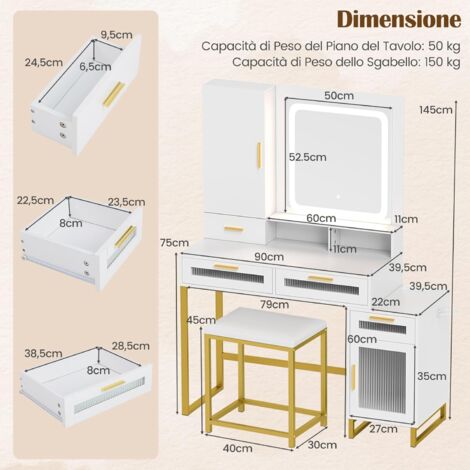 Lvifur Tavolo da toeletta RGB con ricarica wireless e porta USB, tavolo da toeletta con sette colori, dimmerabile, per camera da letto con sgabello imbottito, 5 cassetti