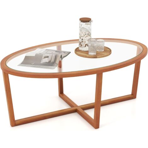 COSTWAY Tavolino da Caffè per Salotto, Tavolino Basso Ovale in Vetro Temperato e Legno di Acacia, Tavolino da Divano Moderno per Soggiorno, 118 x 71,5 x 47,5 cm, Naturale (1/5)