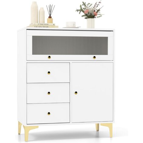 COSTWAY Cassettiera Credenza Camera da Letto a 3 Cassetti, Mobile con Ante e Scomparto con Vetrina Ribaltabile, Comò per Ingeresso, Soggiorno e Cucina, 80 x 40 x 95,5 cm, Bianco (1/5)