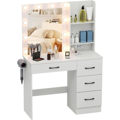 COSTWAY Toeletta da Trucco con Specchio, Tavolo da Trucco con Stazione di Ricarica, Luci LED a 3 Colori, Tavolo da Trucco con 4 Cassetti, 2 Ripiani, per Camera da Letto, Soggiorno