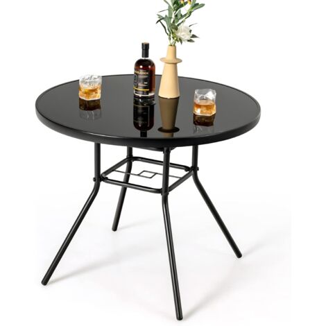 COSTWAY Tavolo Rotondo da Giardino con Buco per Ombrellone, Tavolo da Esterno in Vetro Temperato Struttura in Metallo, Tavolino per Balcone, Terrazza, Sala Pranzo e Soggiorno, 86 x 86 x 71 cm, Nero