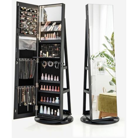 COSTWAY Armadietto Portagioie Girevole a 360°, Specchio Portagioie con Luci LED a 3 Colori, Organizatore da Terra per Gioielli, Con 3 Ripiani e Serratura, 161 x 54,5 x 54,5cm (Nero) (1/5)