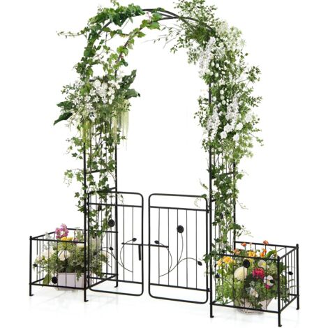 COSTWAY Arco da Giardino 220 cm, Pergolato in Metallo con Cancello Bloccabile e Fioriere Laterali, Arco per Piante Rampicanti e Viti da Uva, Decorazione per Cerimonia Matrimoniali