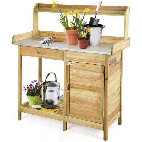 COSTWAY Tavolo Lavoro per Giardinaggio per Piante in Legno di Abete, Banco da Giardino con Cassetto, Armadietto, Mensola Aperta e 3 Ganci, Tavolo di Giardinaggio, 112 x 46 x 125 cm, Naturale