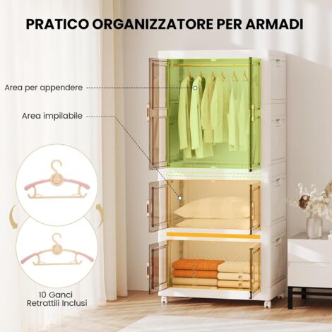 Contenitore Plastica Con Coperchio Set 3 Contenitori Impilabili COSTWAY - Pieghevoli Con Ruote, Capacità 132L Totale Contenitori Plastica Multiaccesso