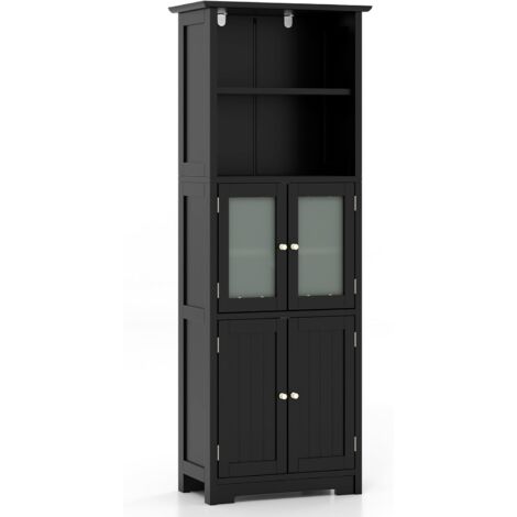 COSTWAY Armadio da Bagno, Mobiletto Alto da Terra con 2 Armadietti e Ripiani Regolabili, con Ante in Vetro, Mobile Portaoggetti Multiusi per Bagno e Soggiorno, 60x30x163 cm (Nero)