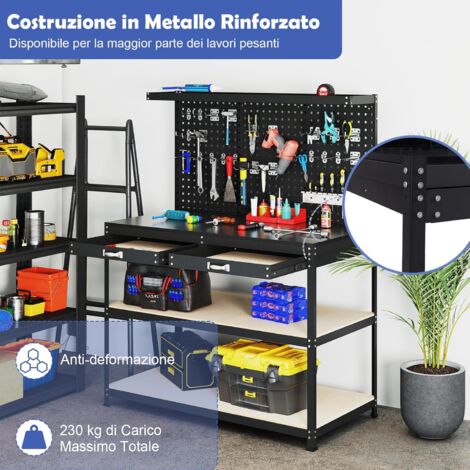 Banco Da Lavoro Officina 160x60x85 Cm Nero - 6 Cassetti, 2 Armadietti, Capacità 500 Kg, In Acciaio E Legno