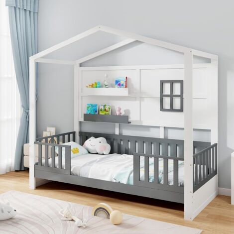 COSTWAY Letto per Cameretta a Forma di Cassetta 90 x 200 cm, Letto per Bambini Struttura di Legno di Pino, Letto Casetta Montessori con 2 Ripiani Mensole e Protezione Anticaduta, Bianco e Grigio