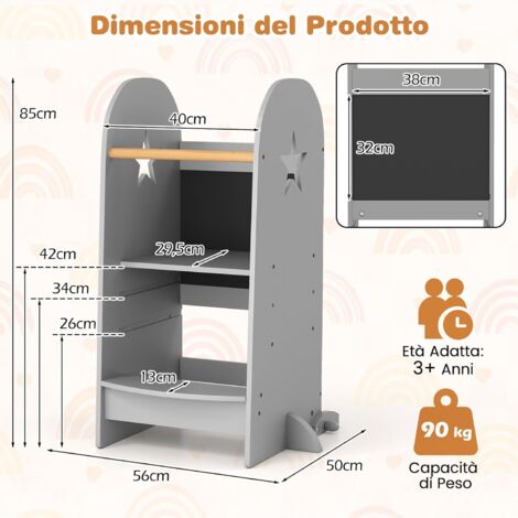 AIYAPLAY Torre Montessoriana Bambini 3-6 Anni con Lavagna e Ringhiera di Sicurezza, Scala Montessoriana per Bambini in MDF e Legno di Pino, per Bagno, Cucina e Toilette, Bianco e Color Legno