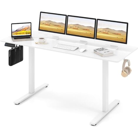 COSTWAY Scrivania Regolabile in Altezza 160 x 60 cm, Scrivania Elettrica con Pannello Smart Anticollisione, Scrivania per Computer con 2 Fori per Cavi e 2 Ganci, per Ufficio e Studio, Bianco