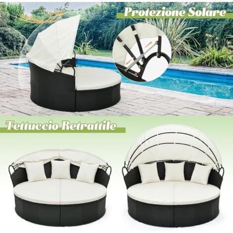 Divano Rotondo Da Giardino COSTWAY - In Vimini Con Tettuccio Retrattile, Cuscini, Per Terrazzo E Piscina - Foto 12