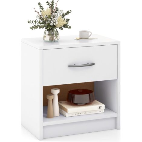 COSTWAY Comodino 38,5 x 28 x 40,5cm in Legno, Tavolino Salvaspazio con Scomparto Aperto e Casseto per Soggiorno e Camera da Letto (Bianco)