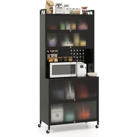 COSTWAY Credenza Alta per Cucina con 6 Ripiani e 4 Ante a Ribalta Traslucide, Mobile Cucina con Ruote e Panello a Ganci, Armadio Cucina Porta Microonde, per Soggiorno (80 x 40 x 178 cm,Nero)