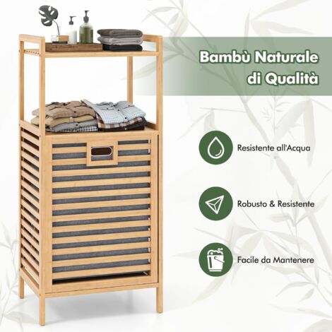 Cesto Portabiancheria Con Ripiani E Ruote | 2 Ripiani In Legno, Cassetto E Sacco Rimovibile | 8 Ganci | Organizer Per Bagno E Lavanderia - 4